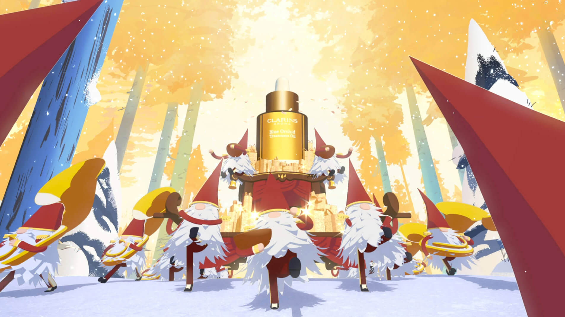 Christmas movie illustration with pause on parading christmas elfs